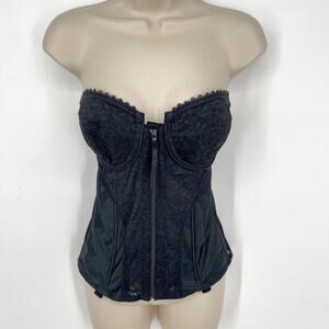 Frederick’s of Hollywood Lace Corset Sz 36D Black Zip Front Sheer Back Boning